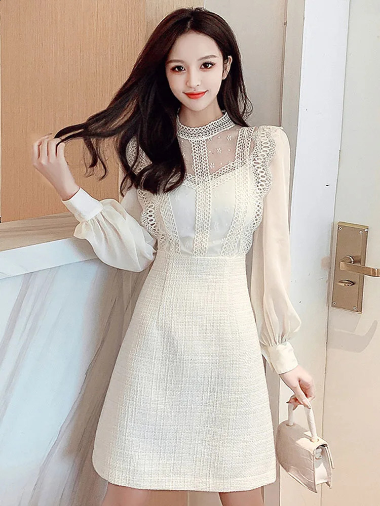 Fashion Women Tweed Dress Autumn Winter Lace Patchwork Lace Chiffon Long Sleeve O-Neck A Line Short Dresses Vestido 240824