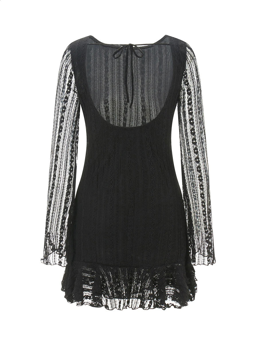Fashion Vintage Women Long Sleeve Open Back Lettuce Trim Solid Color Short Dress Lace Mini Dress Sexy Clubwear vestidos 240823