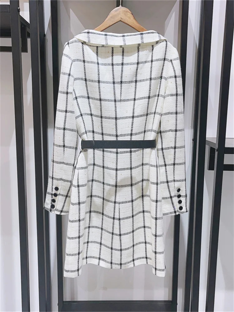 Women Tweed Plaid Mini Dress Spring Summer Turn Down Collar Ladies Long Sleeve Single Breasted Short Robe with Belt 240824