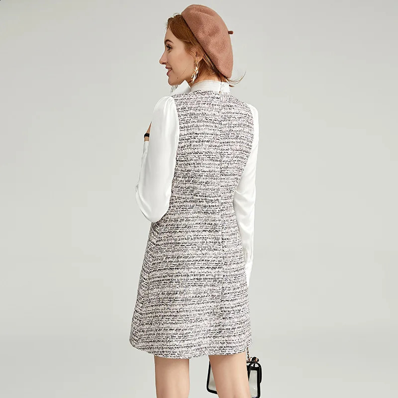 Autumn and winter womens fashion dress bow collar long sleeve splicing tweed dress 240824