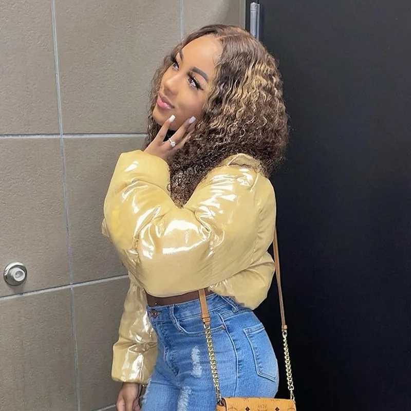 Women's Down Parkas Winter Cute Lady Shiny PU Leather Puffer Jacket High Waist Slim Bubble Coats Zipper Stand Collar Fluffy Short Jacket Parkas D