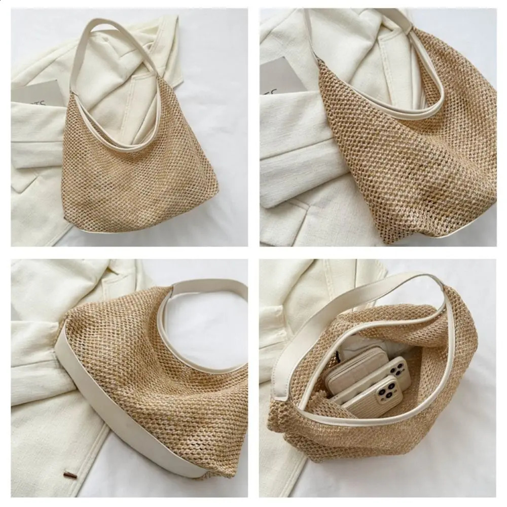 Purses Woven Bag Casual Bucket Straw Underarm Large Capacity Solid Color Shoulder Women y240828