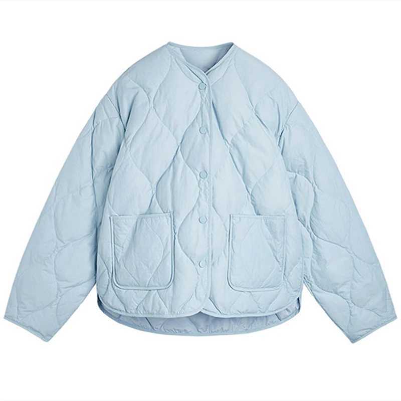 Women's Down Parkas Sky Blue Quilted Padded Cotton Parkas Coat Autumn Winter Solid Jacket Loose Casual dents Swt Girls Outerwear Korean Fashion Y