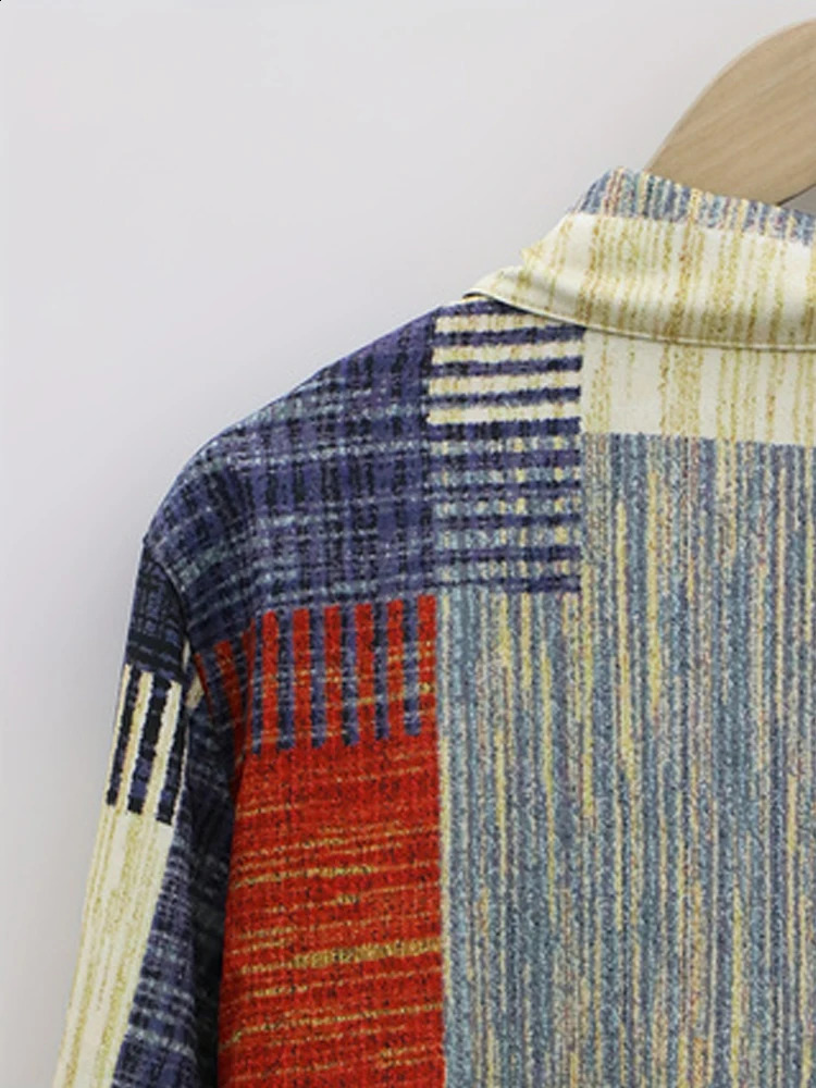 Entry Womens Casual Fashion Color Blocking Plaid v-Neck Long Sleeve Shirt 240823