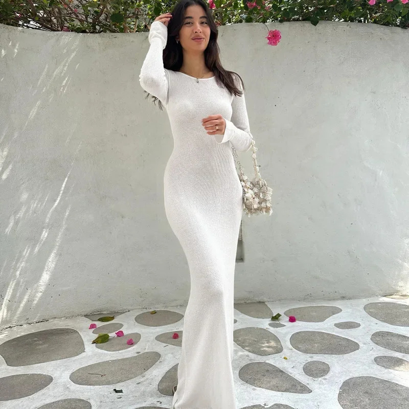 Europe and the United States wind autumn womens tie rope sexy backless long-sleeved solid color Slim temperament dresses 240823