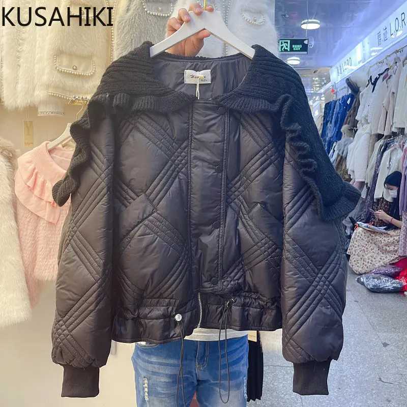 Women's Down Parkas KUSAHIKI New Autumn Winter Warm Woman Parkas Fashion Knitted Ruffled Collar Swt Jacket Women Korean Drawstring Parka Coat Y24