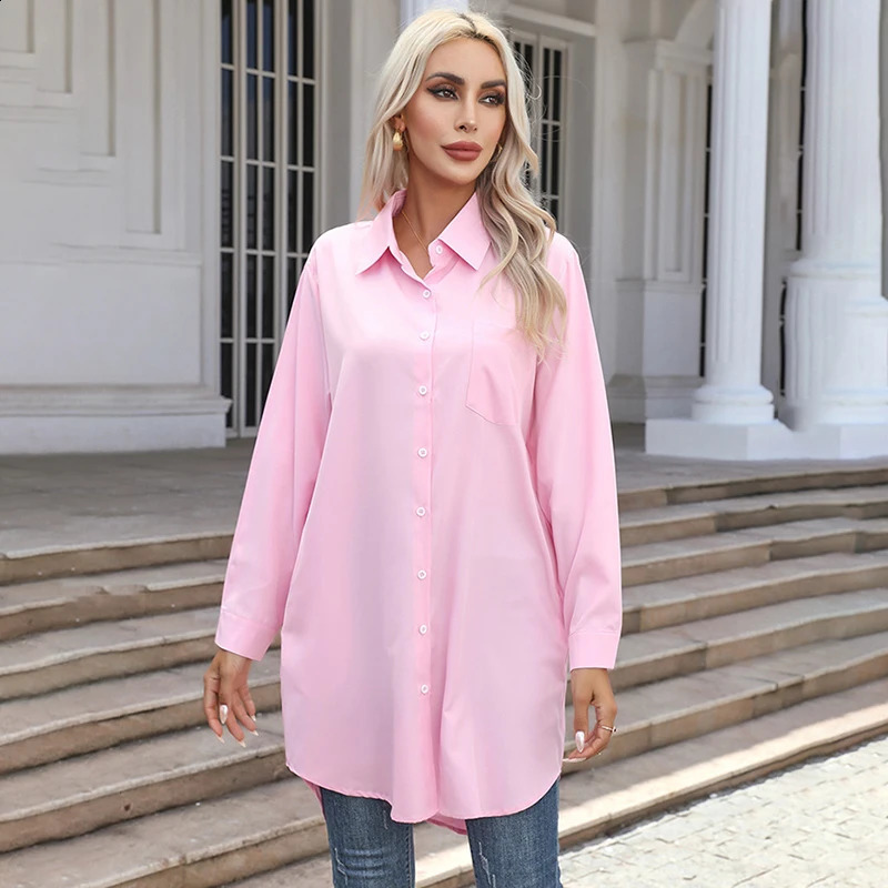 Women European and American solid color lapels loose casual fashion temperament commuting versatile long-sleeved shirt white L 240823