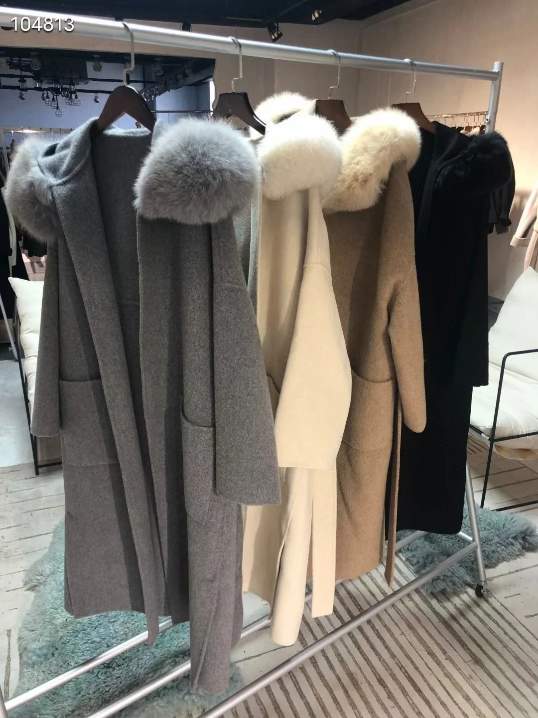 Korean hooded cashmere long coat with hood real fox fur hood decoration womens warm big coat womens hooded coat spring loose coat 240824