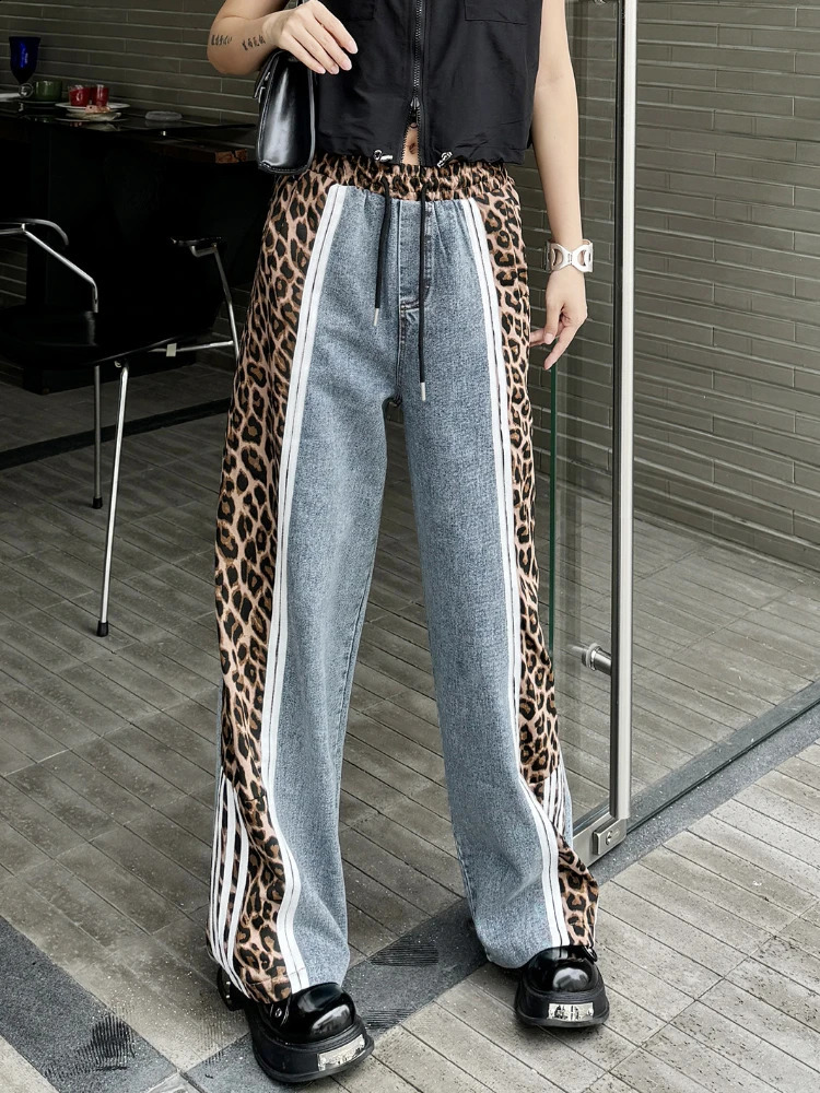 Vintage Street Leopard Print Wide Leg Pants Splicing High Waist Jeans Women Summer Loose Elastic Casual Trousers Streetwear 240823