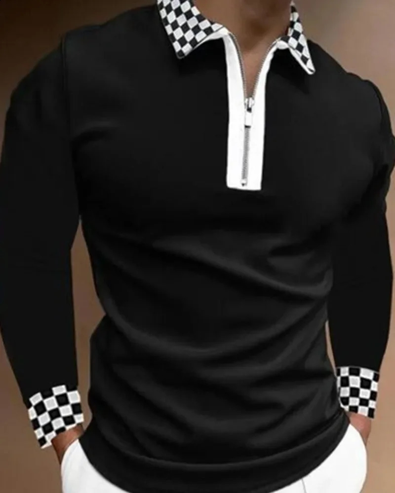 Spring And Autumn Mens Zipper Panel Polo Collar Printed Plaid Loose T-shirt Long Sleeve Polo Shirt Mens 240824