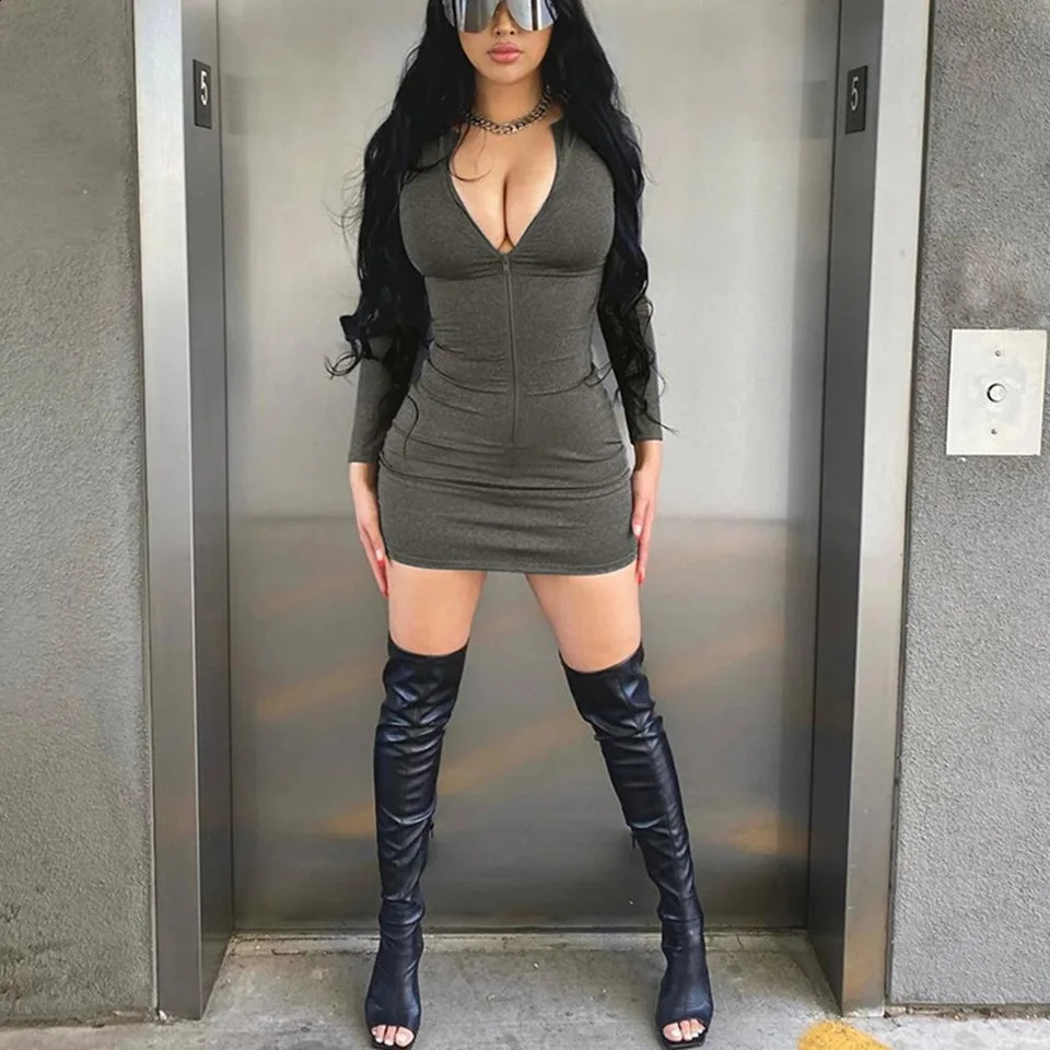 Women Summer Zipper V-neck Long Sleeve Mini Dress Bodycon Sexy Streetwear Party Club Clothes Sportswear Autumn Winter Outfit 240823