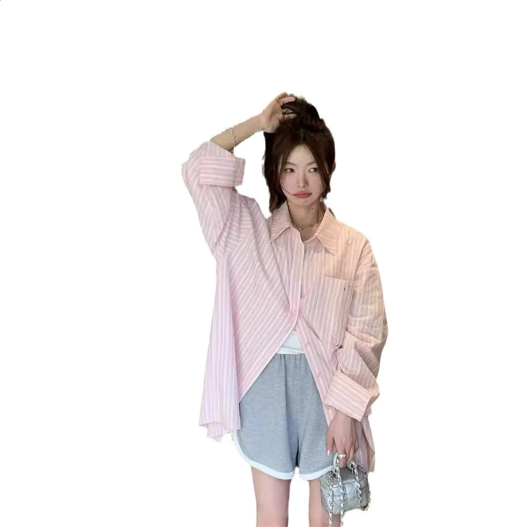 Sweet Pink Stripe Mid-Length Shirts Women Spring/Summer Korean Series Chic Loose Long sleeve Sun Protection Top 240823