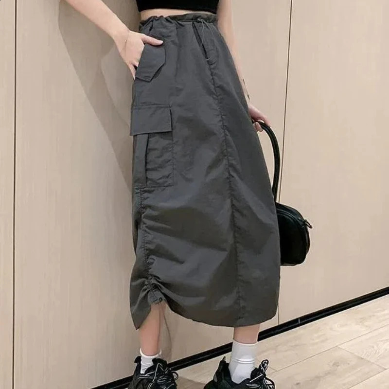 Casual Elastic Waist Straight Cargo Skirts for Long Skirts Spring Summer Drawstring Length Classic Versatile Mid-Length Skirt 240823