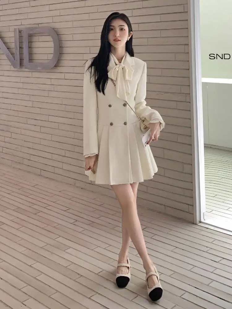 GkyocQ Spring Women Dress Elegant Turn Down Collar Long Sleeve Double Breasted High Waist A Line Pleated Mini Dress 240824