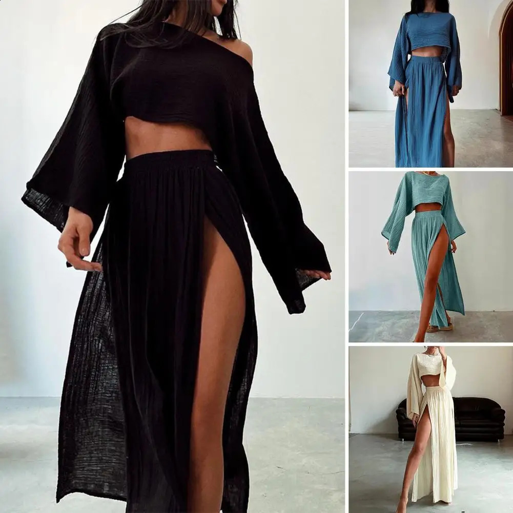 2 Pcs/Set Women Crop Top Skirt Set Long Sleeve Slant Neck Short Top High Waist Split Skirt Solid Color Club Party Top Skirts Set 240823