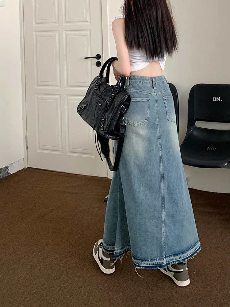 REDDACHiC Y2k Raw Edge Stitch Maxi Denim Skirt Plain Casual High Waist Long Jeans Skirt Korean Dongdaemun Retro Women Streetwear 240823
