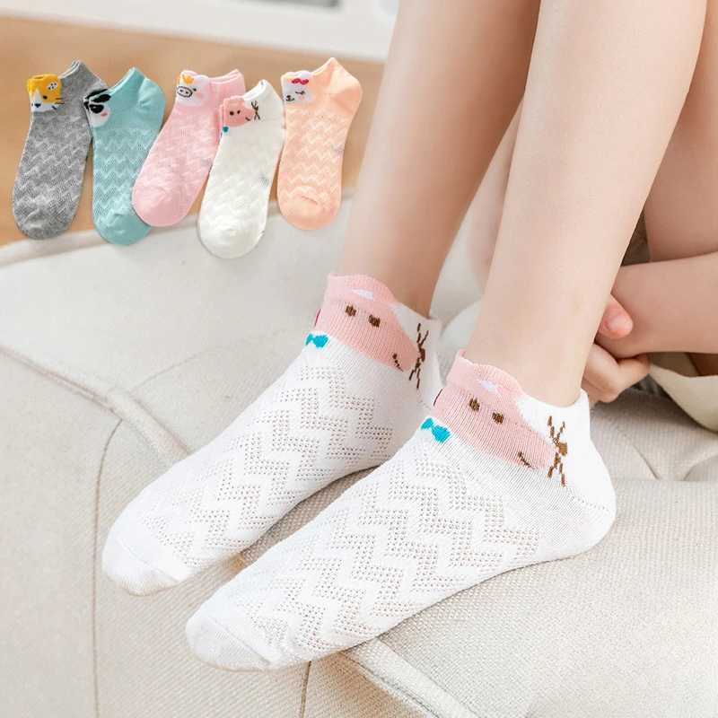 5 Double Set 2024 Spring/summer Season New Childrens Mesh Cute Cartoon Three-dimensional Girl Invisible Breathable Short Socks CL240824