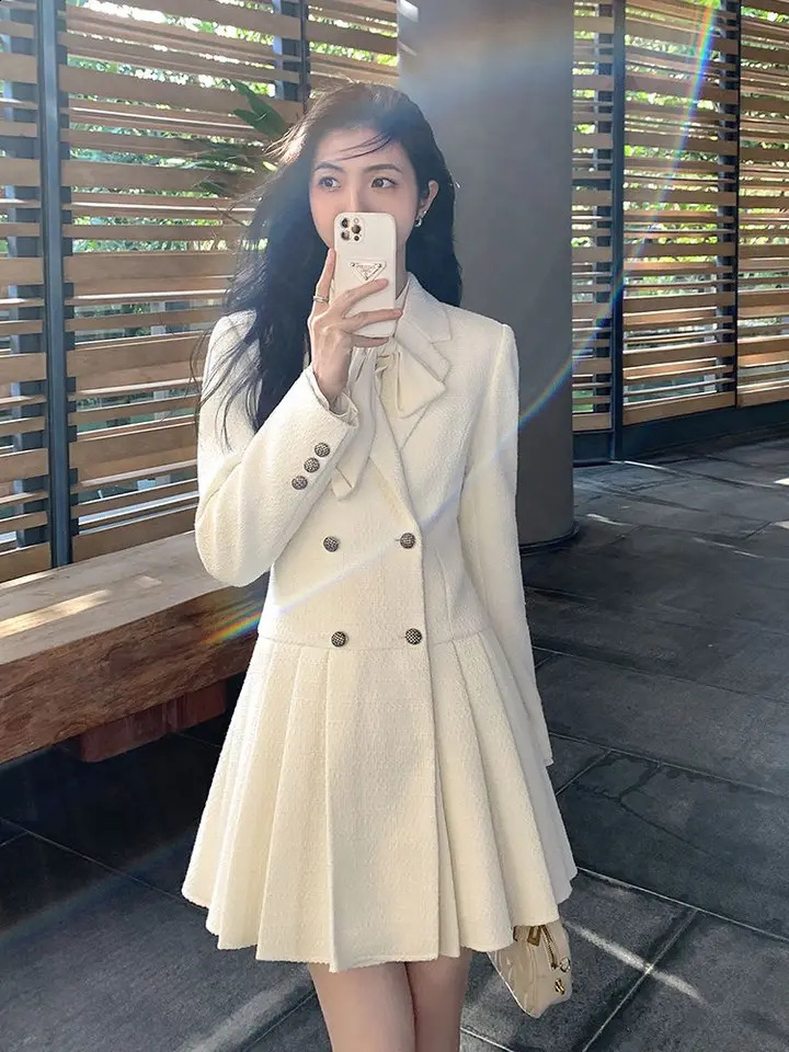 GkyocQ Spring Women Dress Elegant Turn Down Collar Long Sleeve Double Breasted High Waist A Line Pleated Mini Dress 240824