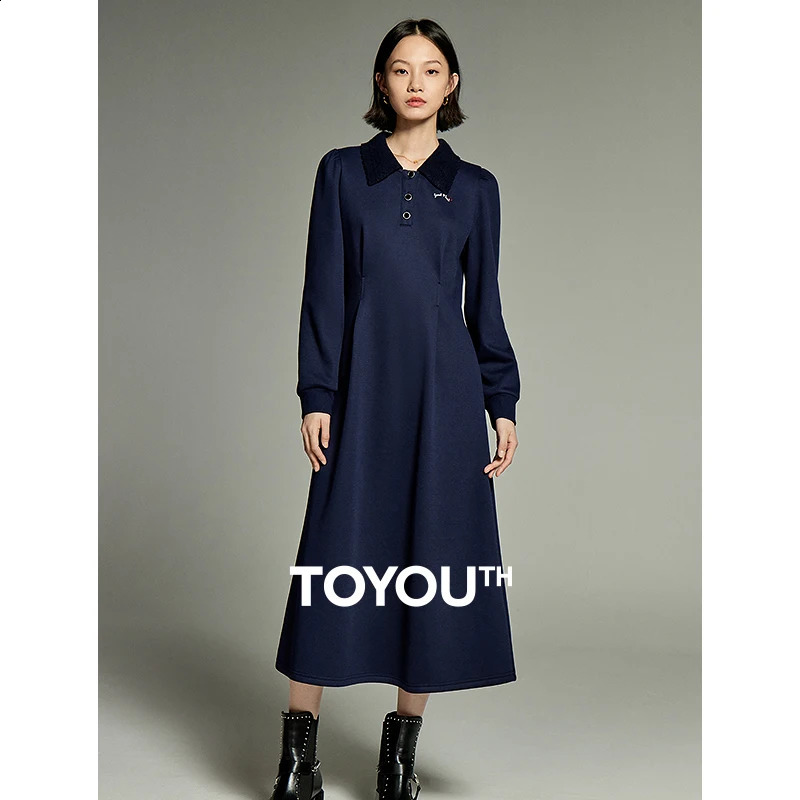 Toyouth Women Corduroy Plush Dress Winter Long Sleeve Polo Neck with Buttons A-shaped Slim Waist Retro Elegant Navy Skirt 240824