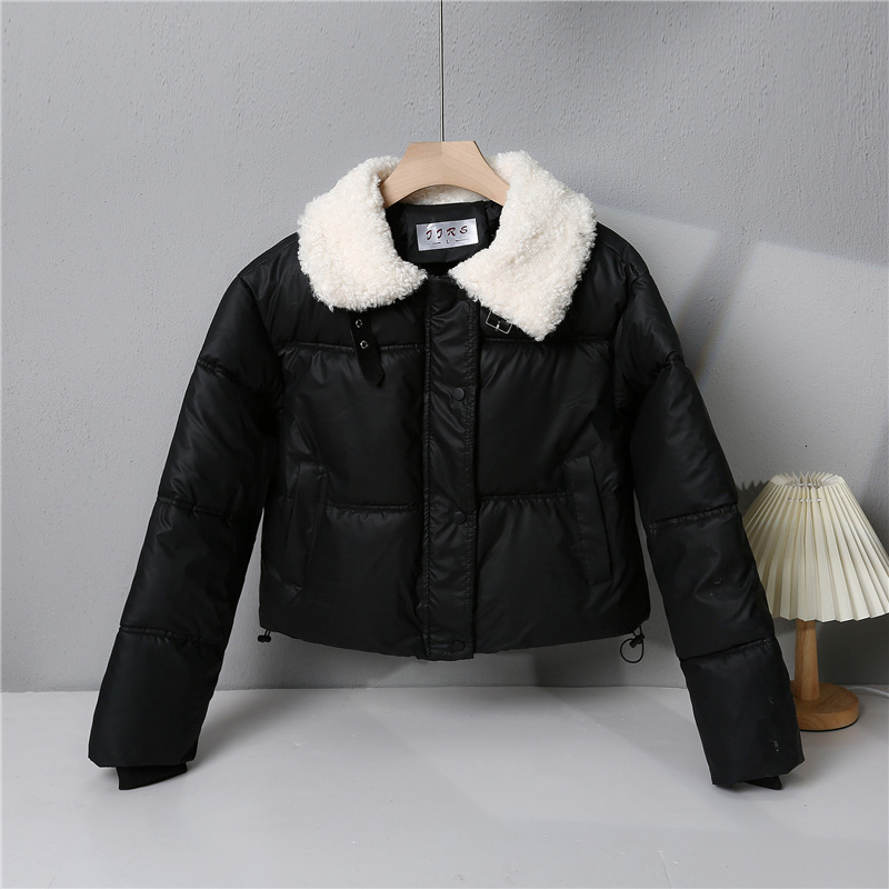 Lamb Wool Wash Free Pu Leather Down Cotton For Women Short Winter Thick Stand Up Bread Small Fur Collar Jacket B4