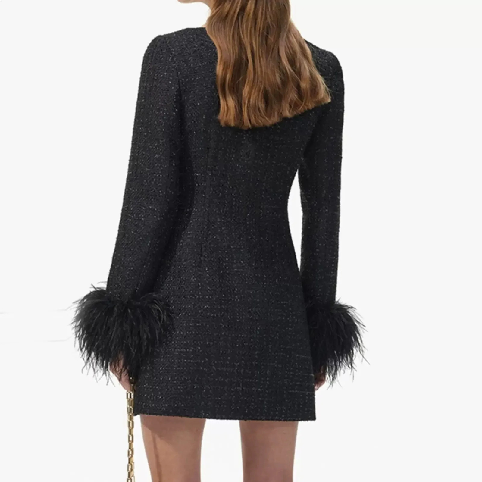 est Lady Elegant Tweed Wear Sexy Square Neckline Single-breasted Feathers Long Sleeve Wome Short Mini Black Dress 240824