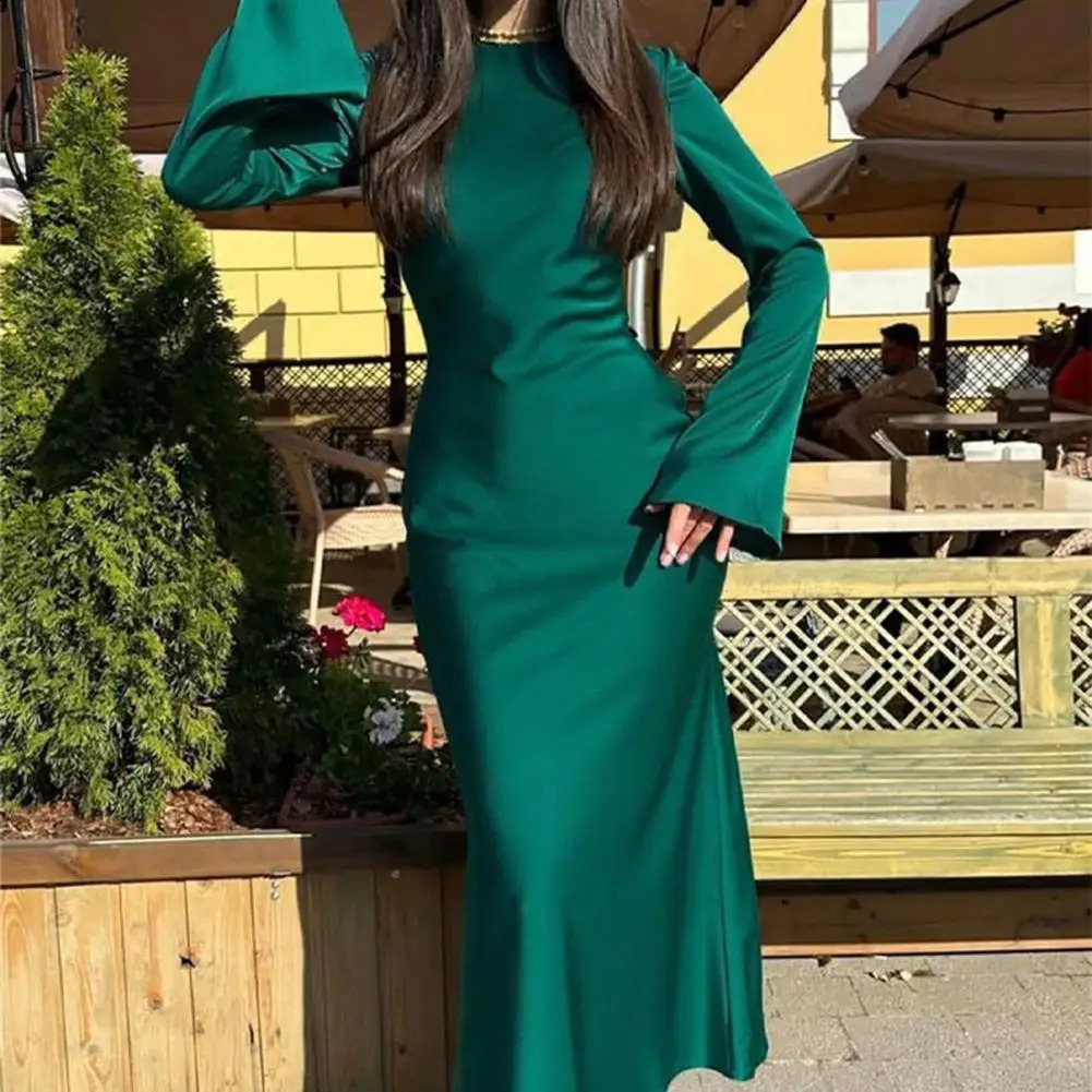 Spring Fall Women Dress Solid Color Round Neck Long Sleeve Maxi Dress Tight Waist Sheath Slim Fit Ankle Length Lady Dress 240823