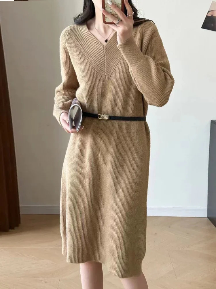 Party Temperament Slim Tweed Long Sleeved Woman knit Dress Vintage V-Neck Overknee Maxi Dresses for Women Vestidos Winter 240824