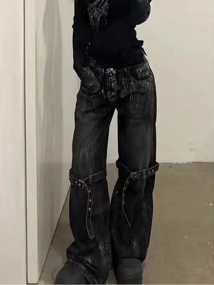 HOUZHOU Black Womens Jeans High Waist Hip Hop Straight Fashion Pants Streetwear Harajuku Y2K Star Female Wide Leg Denim Trouser 250206