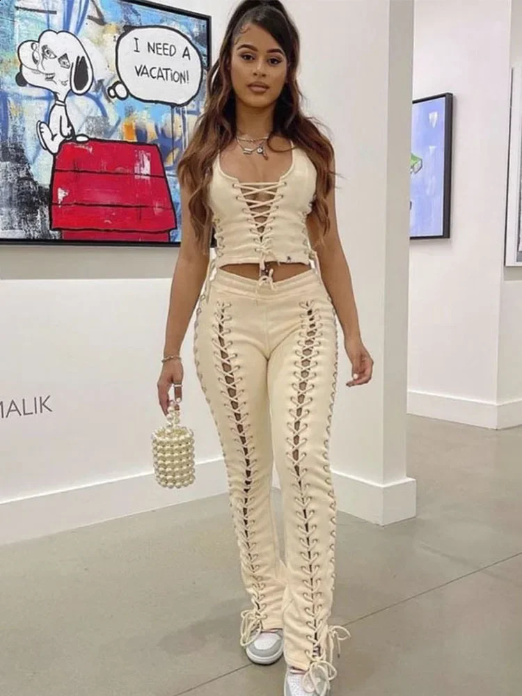 Knitted Slit Hollow Women Pants High Waist Lace Up See Through Streetpant Femme Solid Slim Fashion Streetwear Pant Ladies Sexy 240823