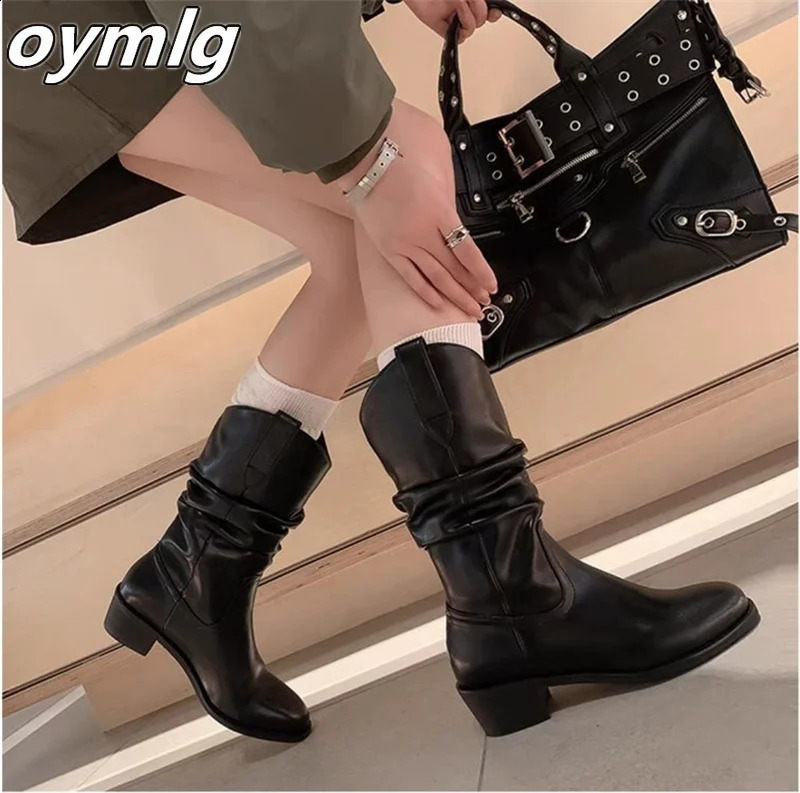 2024 Autumn/Winter Western Cowboy Boots Mid Leg Boots Suede Boots Foot Stacked Chelsea Boots 240823
