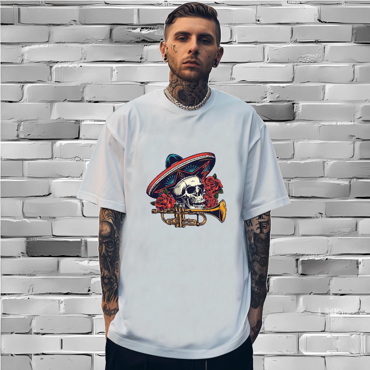 Loose T Shirt For Man 230g 100% Cotton skull Street wear Hip Hop Black Oversized Breathable Crew Neck Tshirts DIY Customized Polos