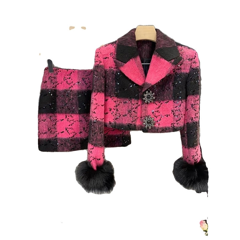 Plaid short woolen coat for women autumn fashion skirt two-piece set 240823