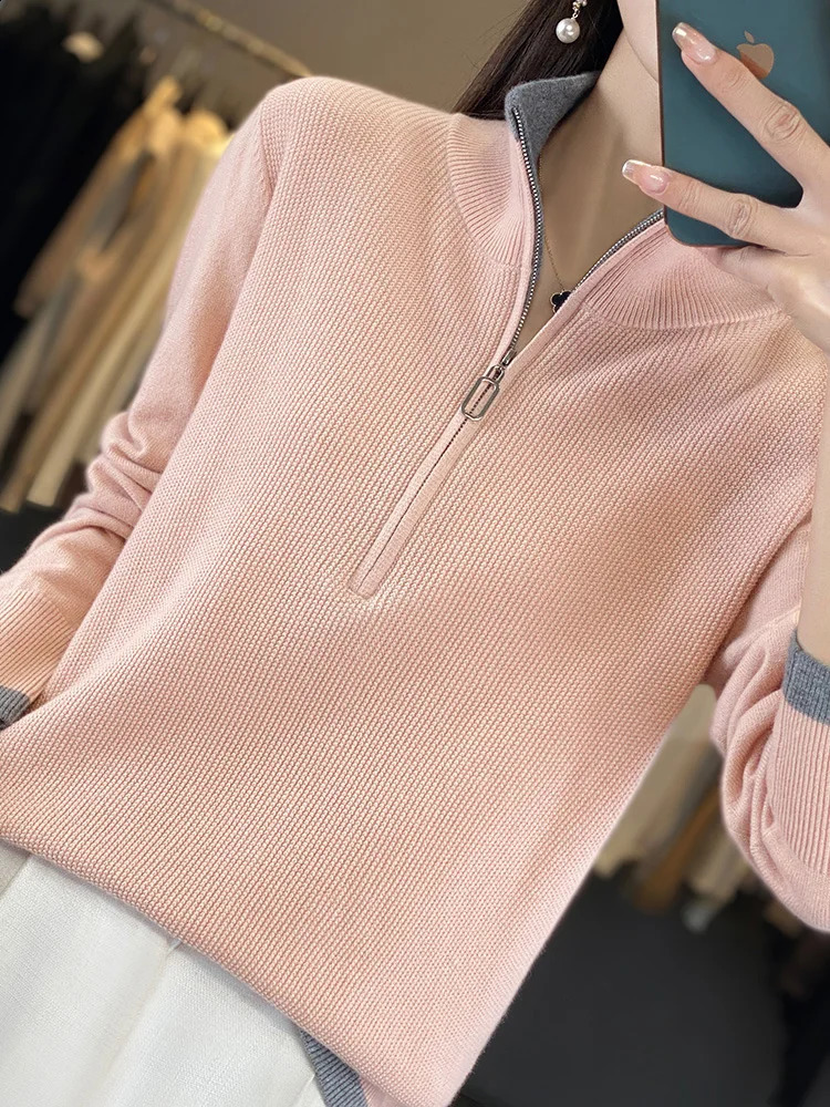 Fashion Women Zipper Mock-neck Pullover 100% Merino Wool Sweater Autumn Winter Casual Warm Color Knitwear Jumper Clothing 240824