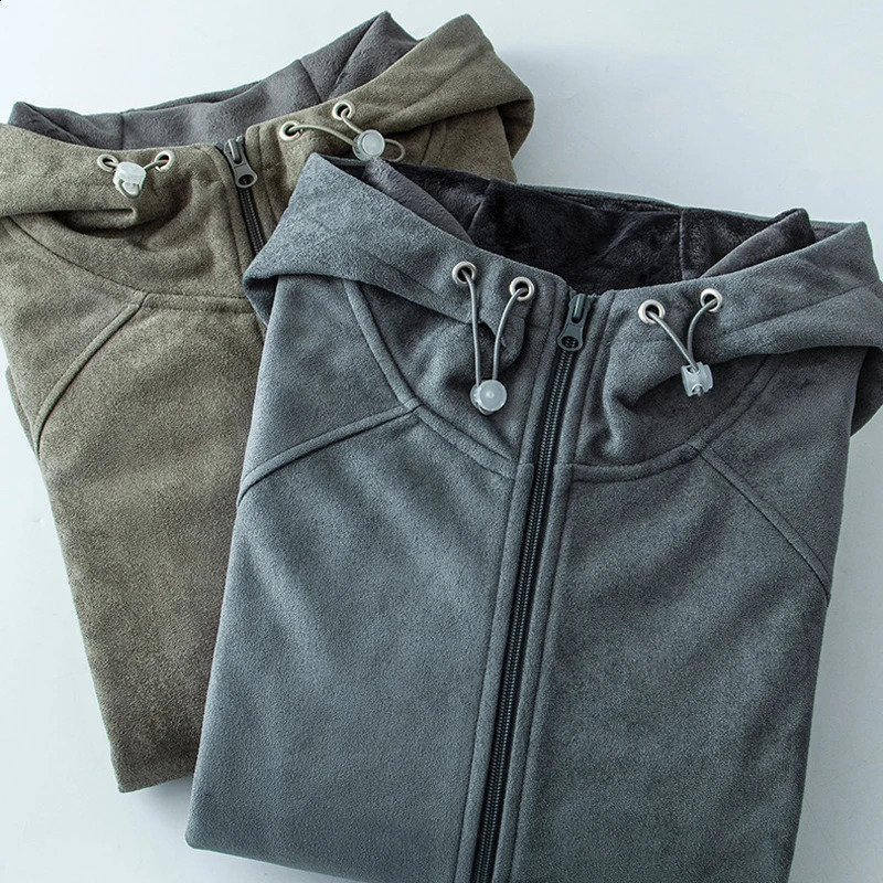 Suede lining Raglan pullover hoodie loose retro cotton clip thick warm zipper 240823