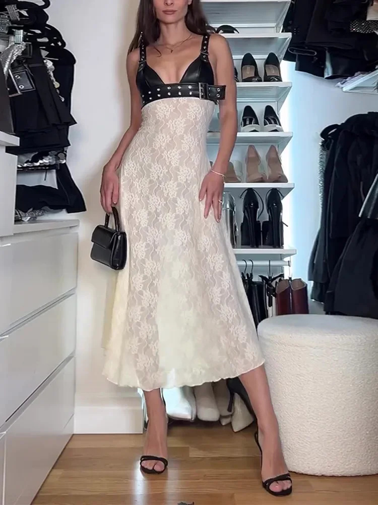 Leather Lace Deep V Neck Sleeveless High Waist Dresses Fashion Spliced Backless Slim Women Dress Female Elegant Summer Chic Robe 240823