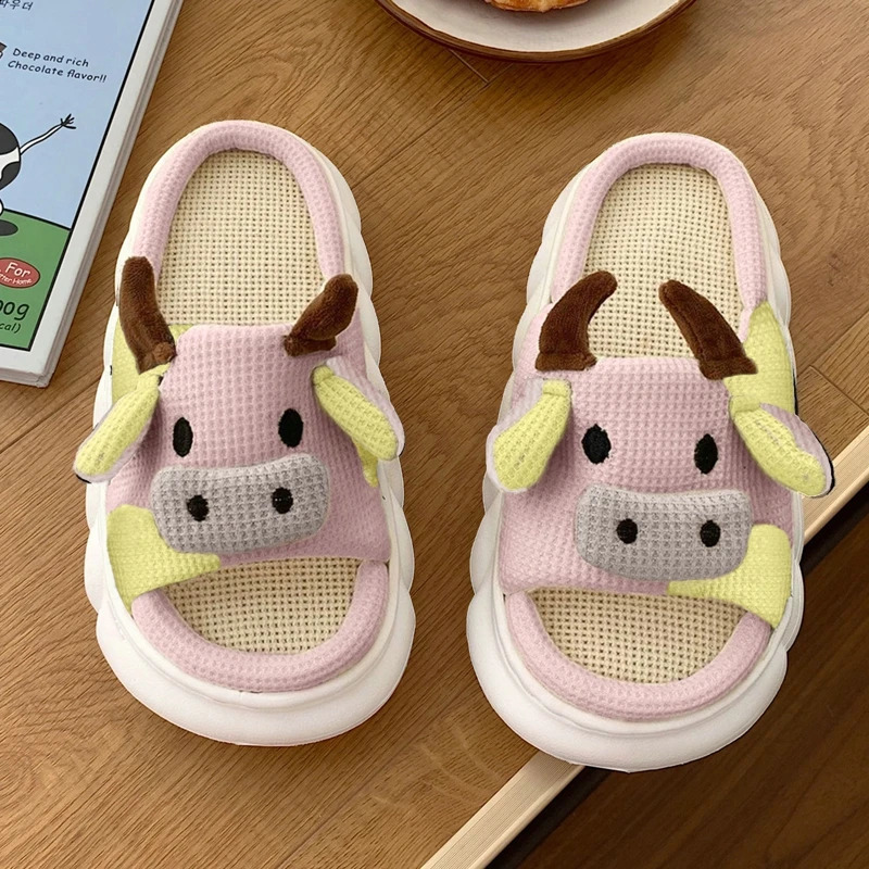 Funny Animal Slippers For Men Women Kawaii Fluffy Winter Warm Indoor Slipper Couples Cartoon Milk Cow House Slides Funny Shoes 240819