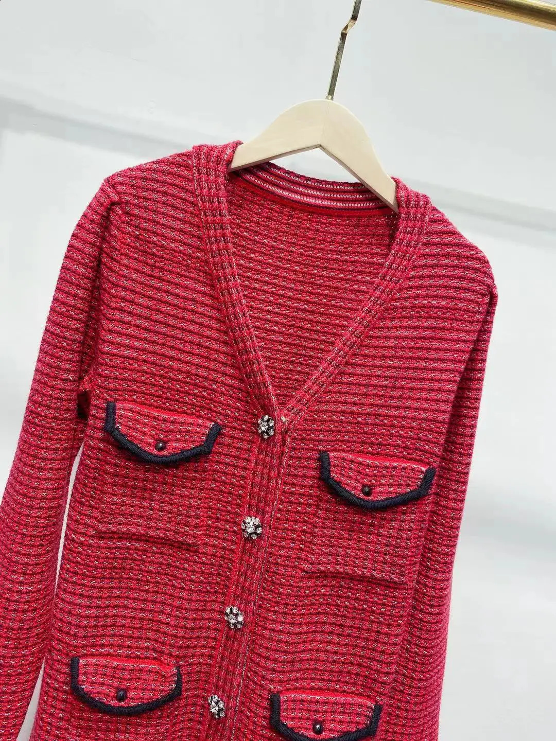 Elegant Lady Red Tweed Dress Vintage Four Pocket Long Sleeve Knit Dress Spring Casual High Waist Woolen Vestidos for Women 240824