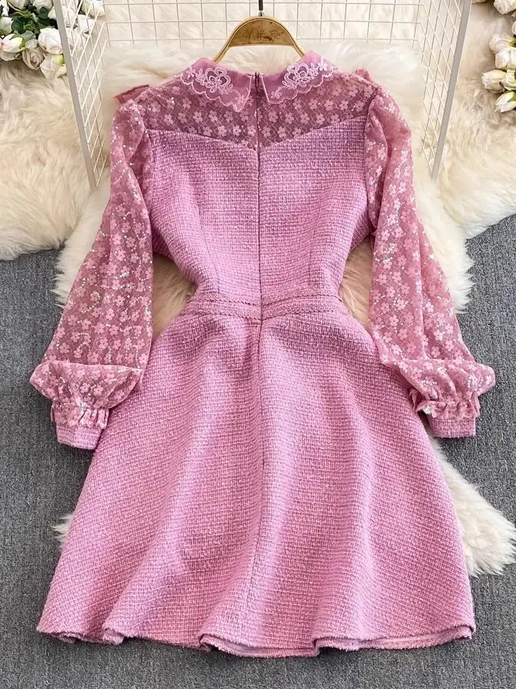 Fashion Lady Flower Sequined Mesh Embroidery Ruffles Stitching Tweed Dress Women Long Sleeve Bow Collar Pink Mini Dresses 240824