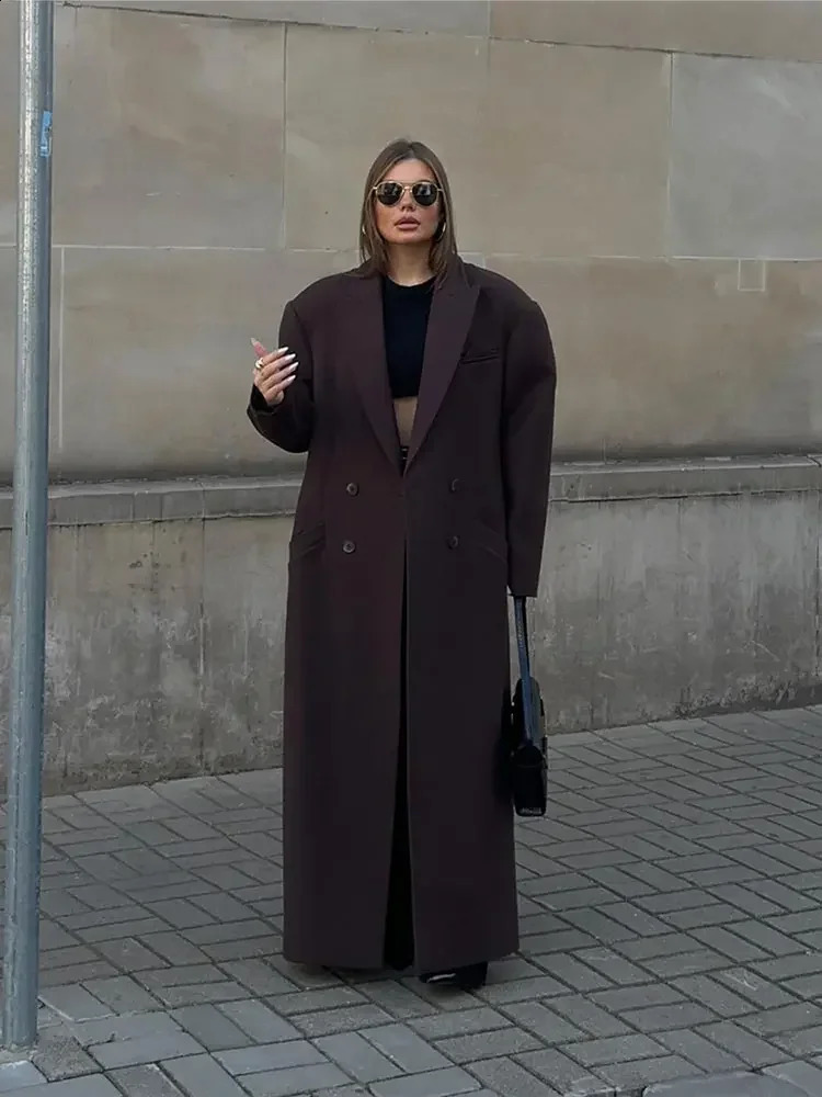 Women Fashion With Pockets Long Sleeves Casual Overcoat Elegant Doublebreasted Lapel Woolen Coats 2024 Lady Warm Streetwear 240823