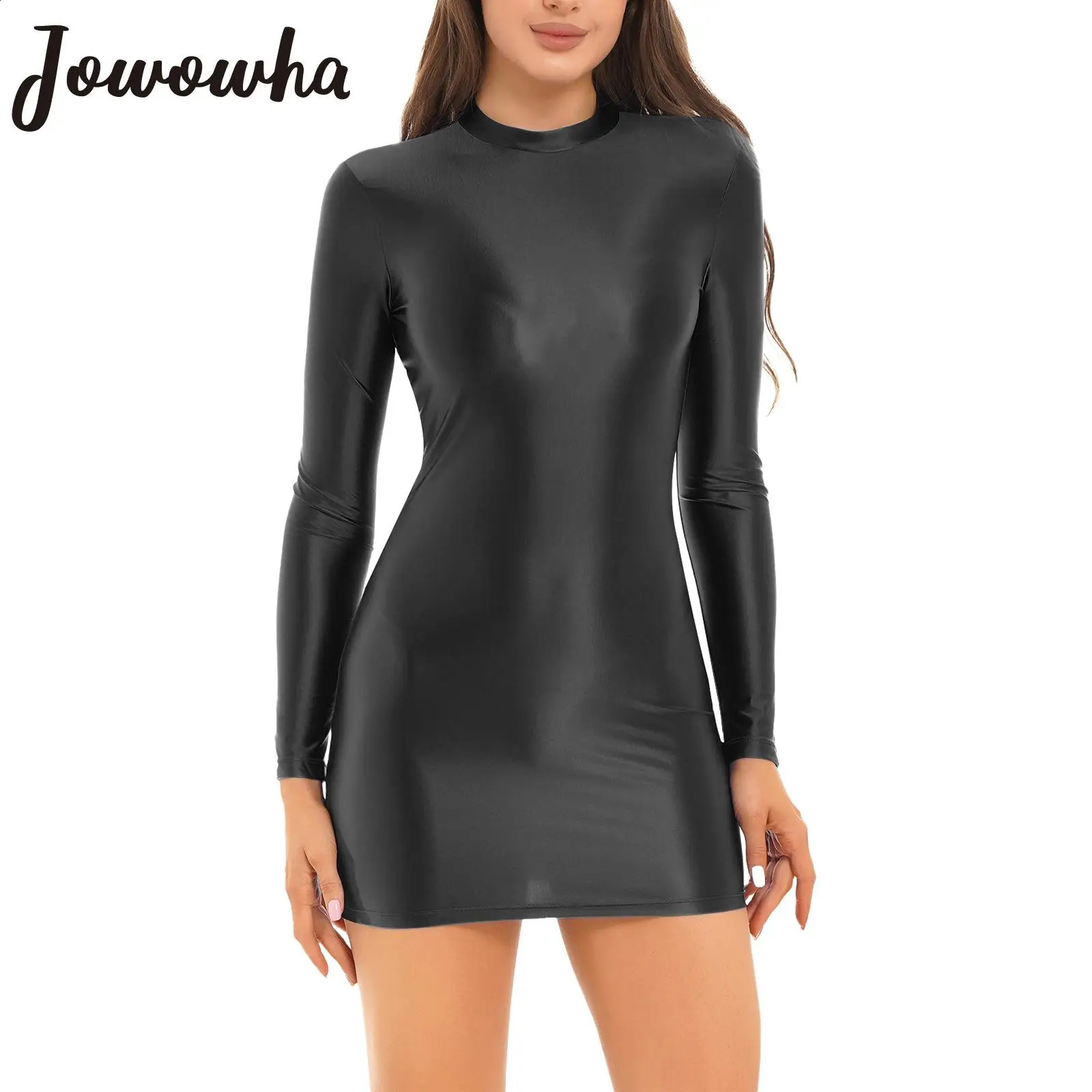 Womens Glossy Bodycon Dress Long Sleeve Mini Pencil Dress Nightwear Smooth Stretchy Mock Neck Tight Dresses Rave Party Clubwear 240823