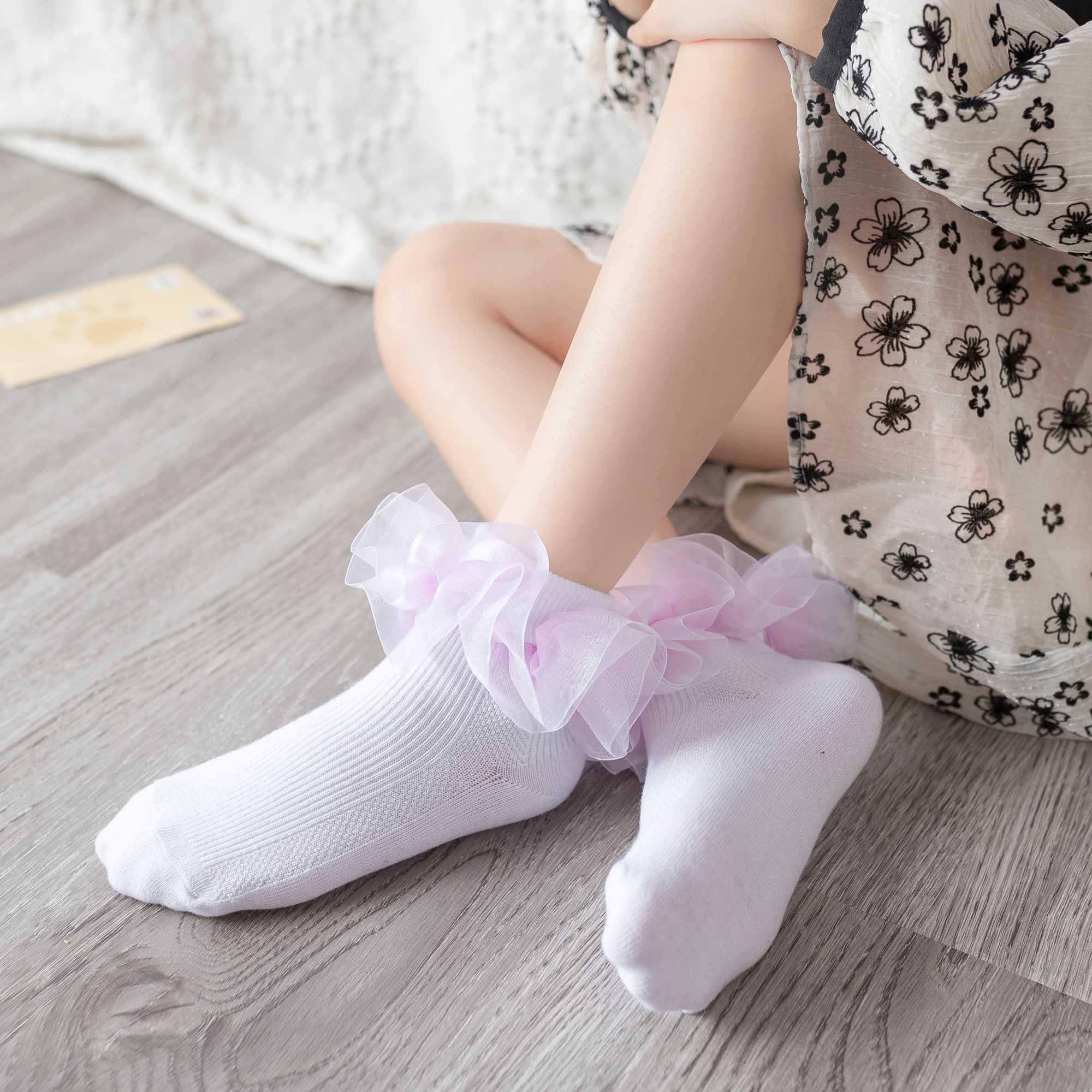 Rainbow - colored ruffled cotton socks childrens flanged dance socks princess cotton socks for students comfortable and breat CL240824
