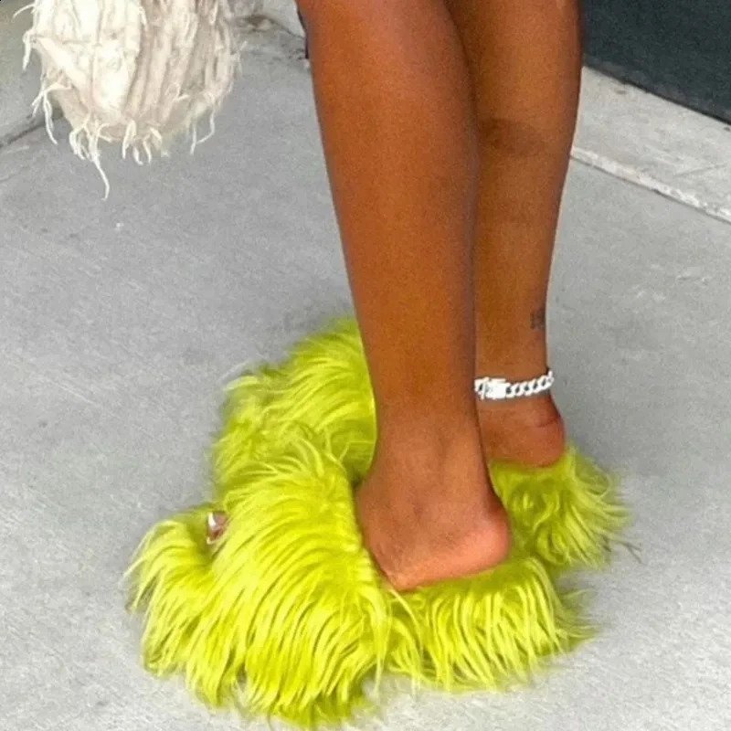 Faux Fur Slippers Women Winter Plush Warm Home Flat Slides Mongolian Wool Flip Flops Y2K s Furry Shoes Cute Slippers 240819