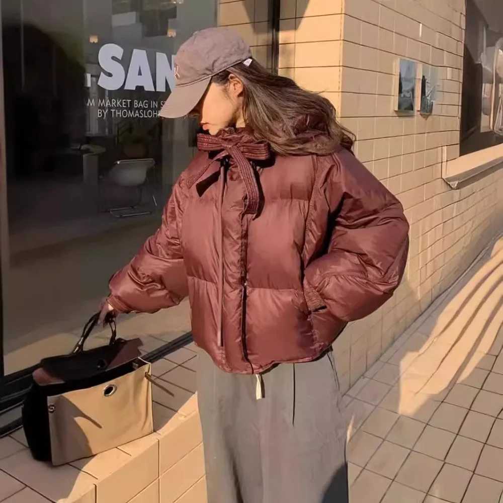Women's Down Parkas Chic Winter Cotton Coat Cropped Jackets Women Warm Design Parkas Puffer Jacket Bow Tie Strtwear Cold Jacket Winter Clothes Y2