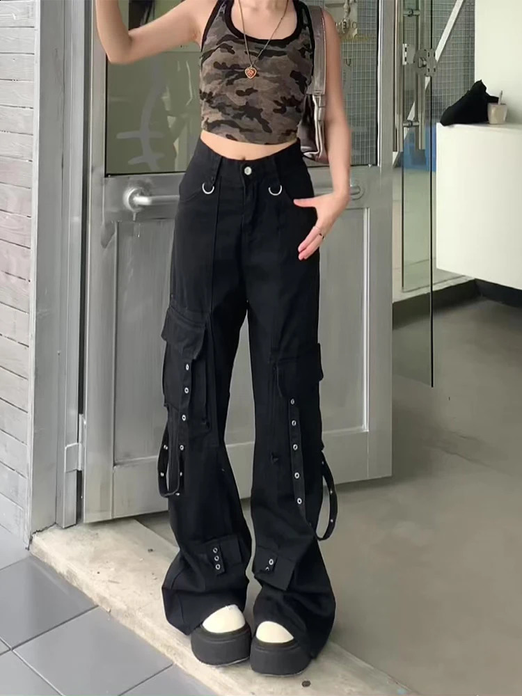 Womens Black Gothic Y2k Freight Jeans Harajuku 2000s 90s Fashion Pocket Denim Trouser Emo Retro Garbage Clothing 240823