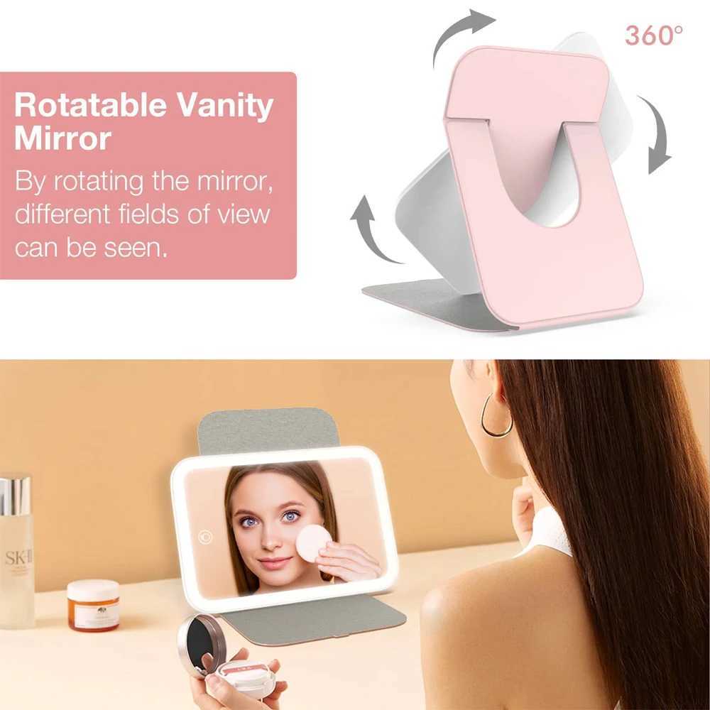 Travel Makeup Mirror With LED Light Rechargeable Vanity Mirror Desk Folding Cosmetic Mirror 3 Color LED Mirror Light For MakeupXJ241213