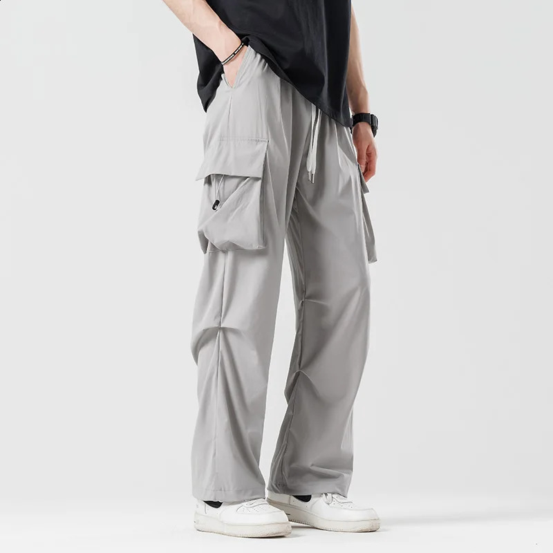 SpringSummer Mens Solid Color Drawback Elastic Waist Sports Neutral Outdoor Straight Leg Casual Cargo Pants 240823