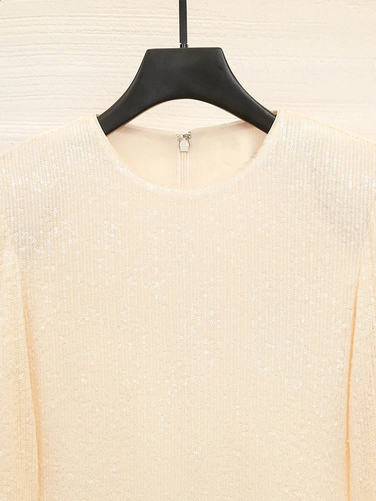 Women Sequined Tweed Mini Dress Tassels Feather Trim Long Sleeve O-Neck Ladies Elegant Long Robes for Spring 240824