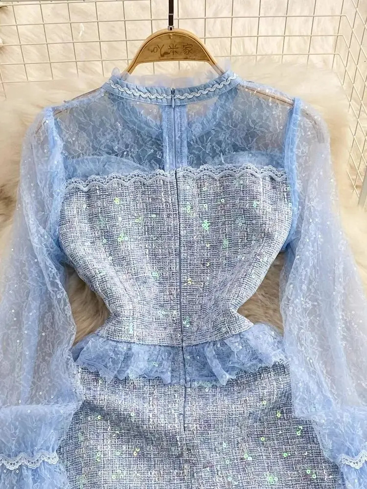 Sweet s Blue Tulles Mesh Bow Collar Butterfly Embroidery Ruffles Stitching Tweed Long Petal Sleeve Sequined Mini Dresses 240824