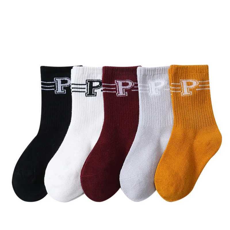 5 Pairs/Lot Autumn Winter High Elastic Simple Children Socks Korean Cotton Stripes Solid Color Alphabet Boys Girls Socks 1-12 Y CL240824
