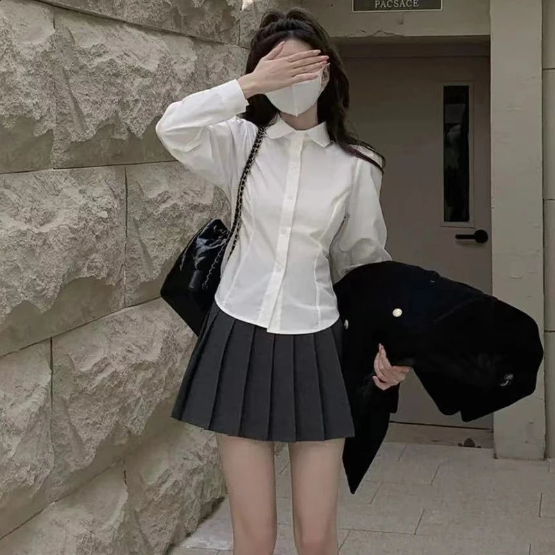 Xpqbb Womens White Shirt Korean Preppy Style Long Sleeve Turndown Collar Blouse School Uniform Student Slim Shirts 240823